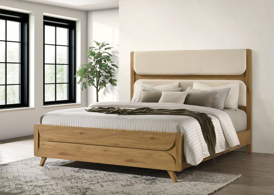 Home & Sleep Outlet - Bennett 62-inch California King Upholstered Panel Bed Cream and Light Oak