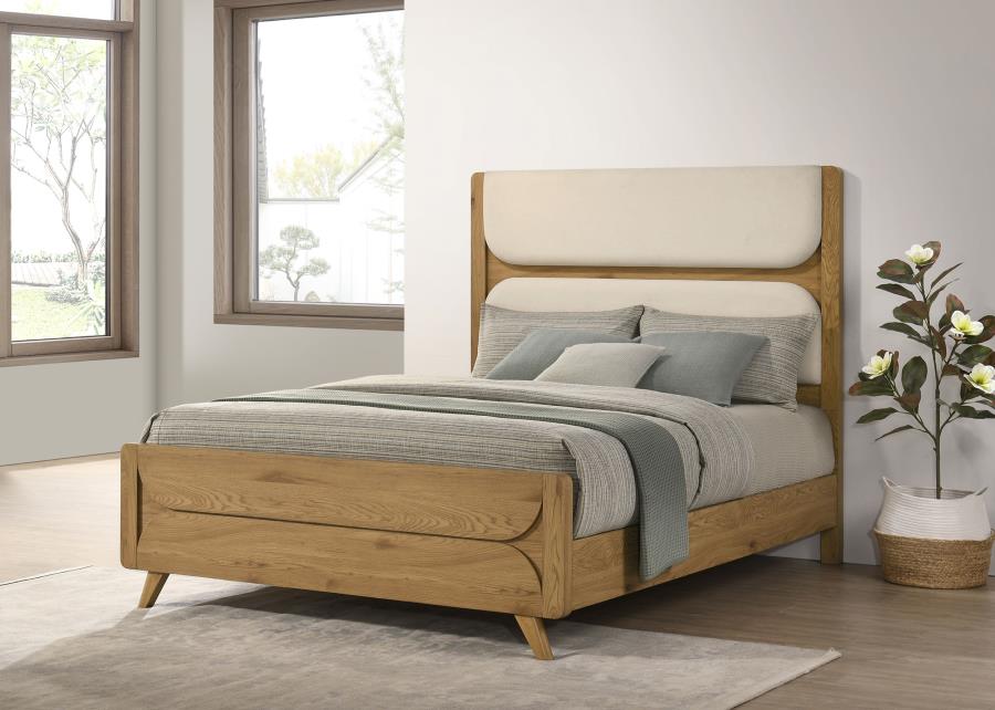 Home & Sleep Outlet - Bennett 62-inch Queen Upholstered Panel Bed Cream and Light Oak