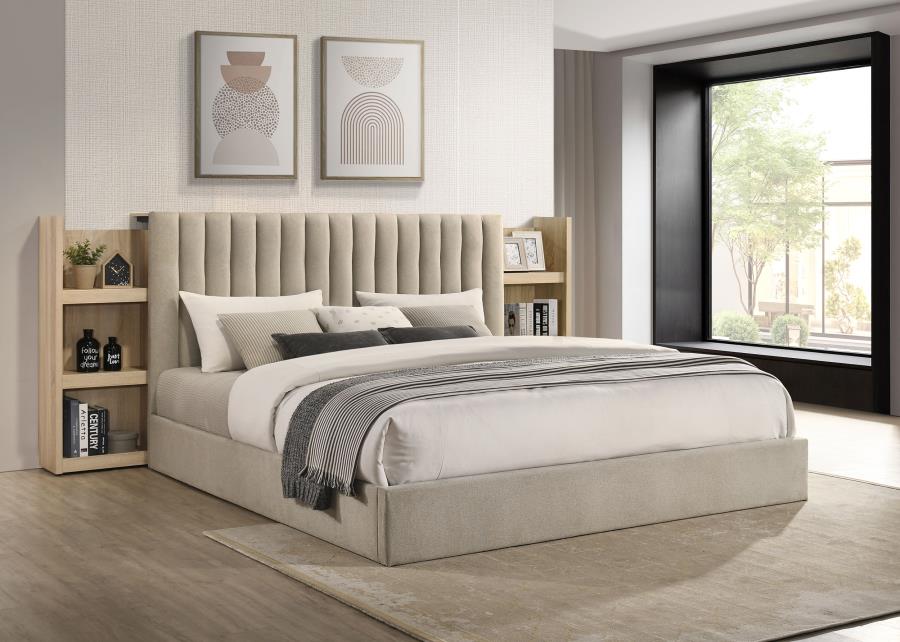 Home & Sleep Outlet - Arielle Eastern King Bookcase Panel Storage Bed Light Oak