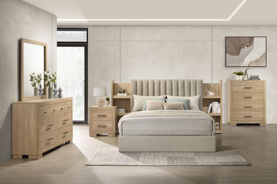 Home & Sleep Outlet - Arielle Eastern King Bookcase Panel Storage Bed Light Oak