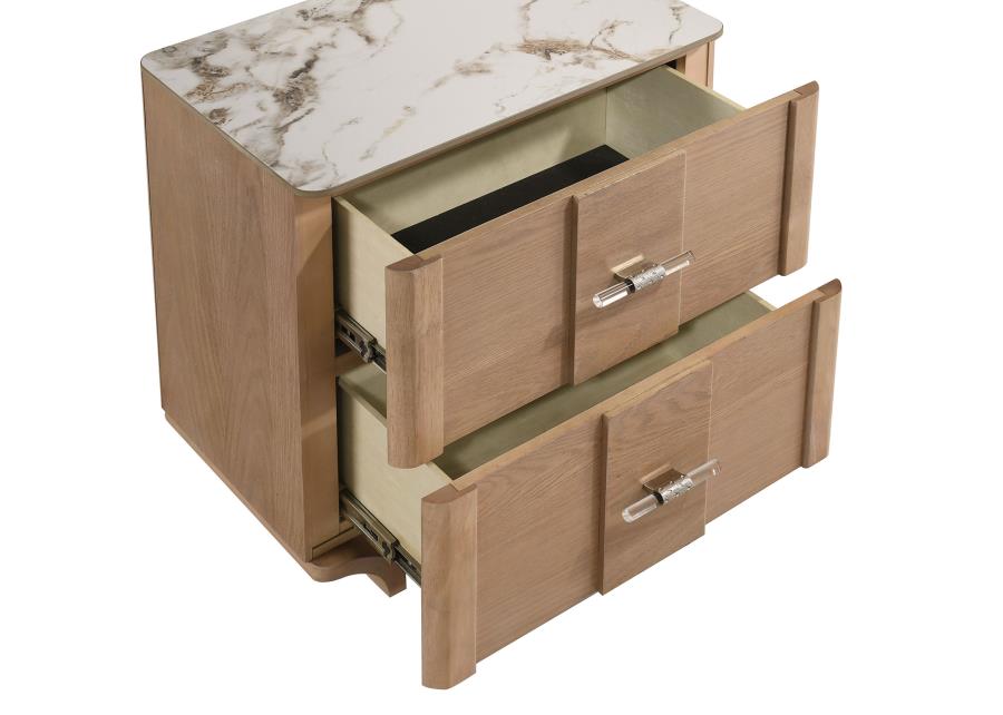 Home & Sleep Outlet - Leanne 2-drawer Sinter Stone Top Nightstand Light Oak
