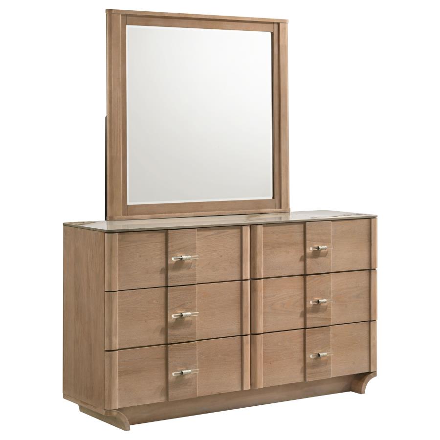Home & Sleep Outlet - Leanne 6-drawer Sinter Stone Top Dresser and Mirror Light Oak