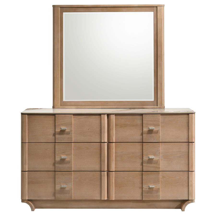 Home & Sleep Outlet - Leanne 6-drawer Sinter Stone Top Dresser and Mirror Light Oak