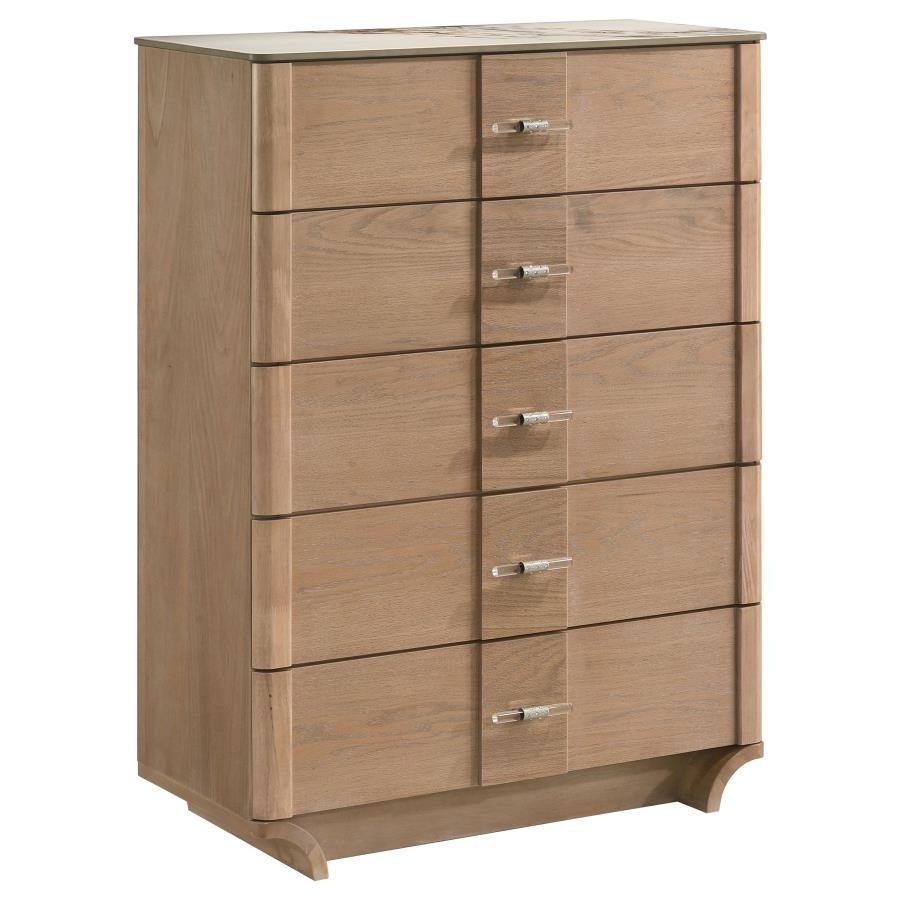 Home & Sleep Outlet - Leanne 5-drawer Sinter Stone Top Chest of Drawers Light Oak