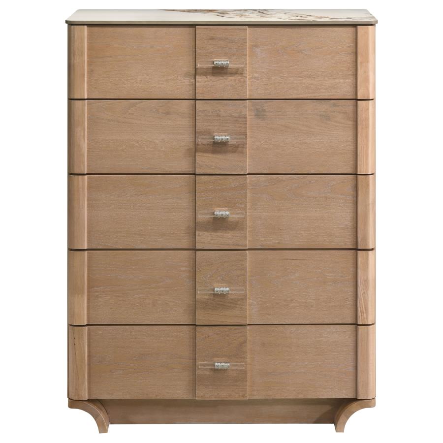 Home & Sleep Outlet - Leanne 5-drawer Sinter Stone Top Chest of Drawers Light Oak