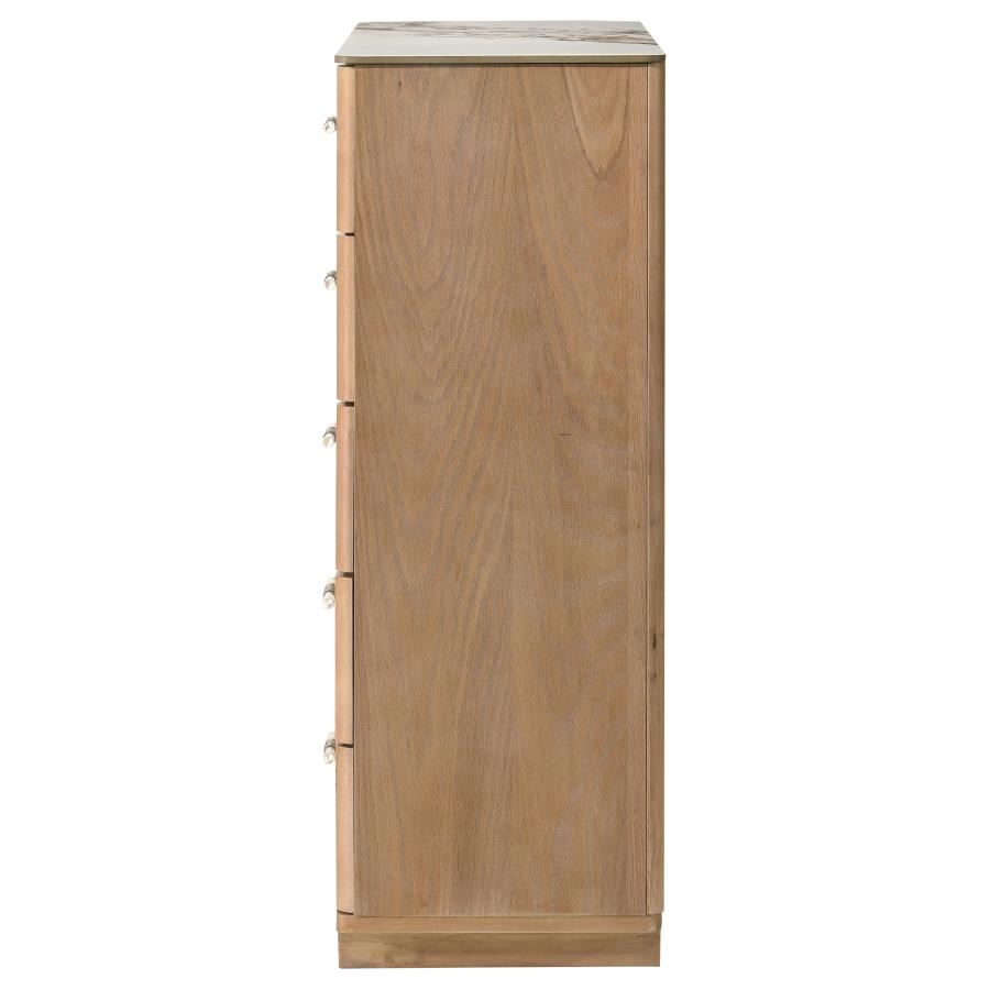 Home & Sleep Outlet - Leanne 5-drawer Sinter Stone Top Chest of Drawers Light Oak