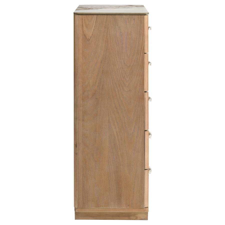 Home & Sleep Outlet - Leanne 5-drawer Sinter Stone Top Chest of Drawers Light Oak