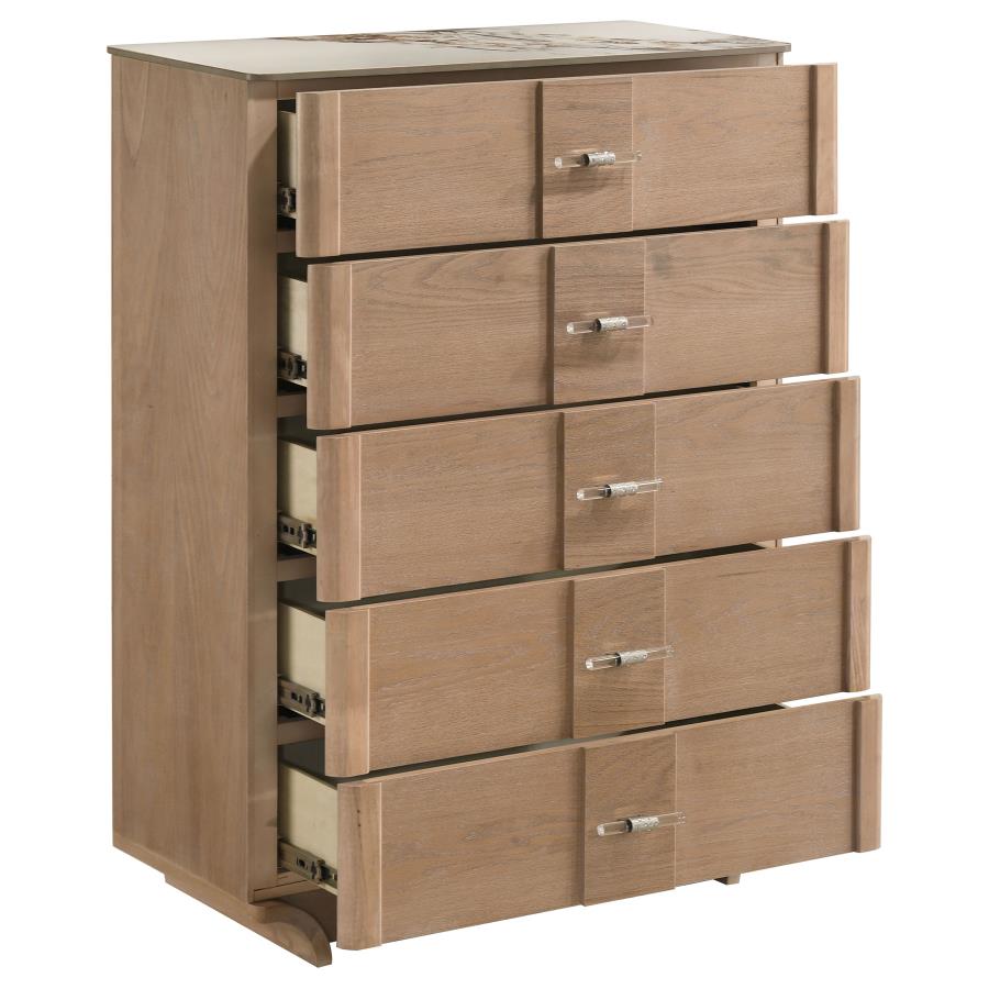 Home & Sleep Outlet - Leanne 5-drawer Sinter Stone Top Chest of Drawers Light Oak
