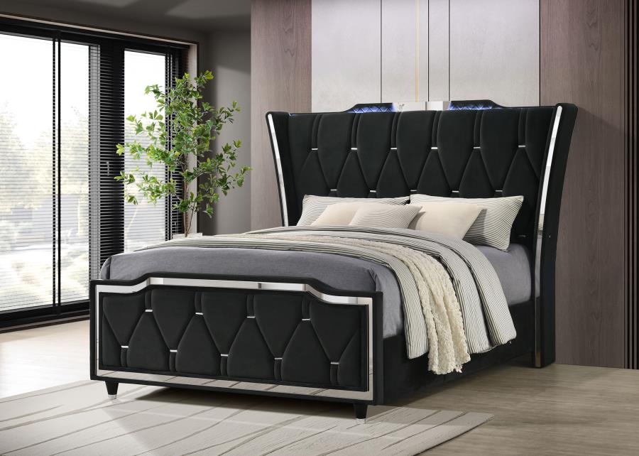 Home & Sleep Outlet - Lorient Queen LED Upholstered Wingback Bed Black