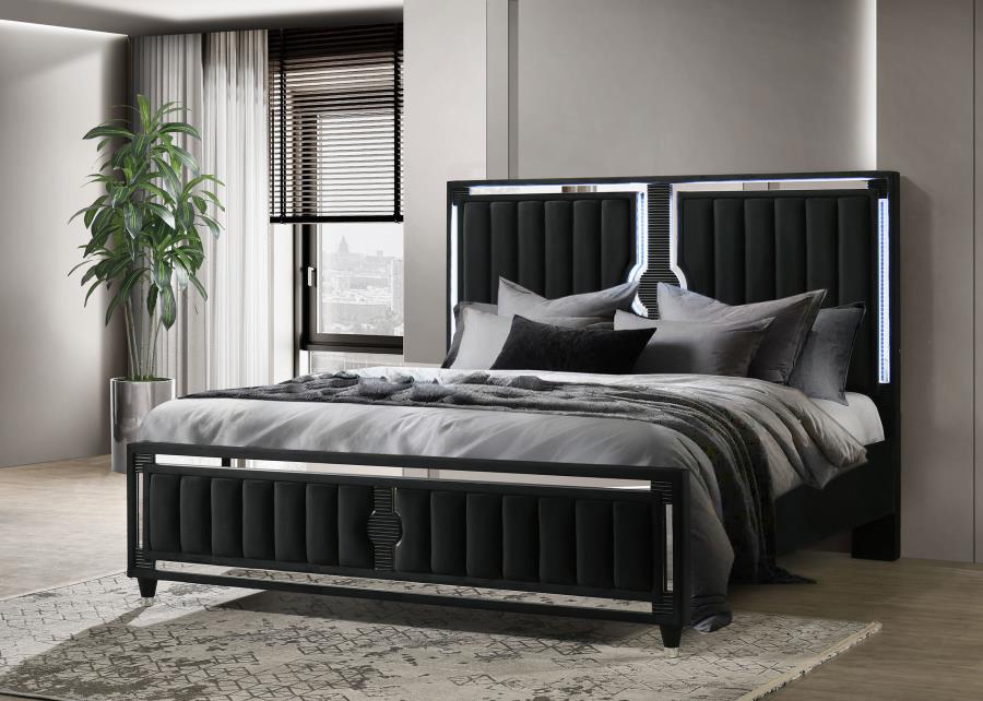 Home & Sleep Outlet - Ravenne Velvet Upholstered Eastern King LED Panel Bed Black