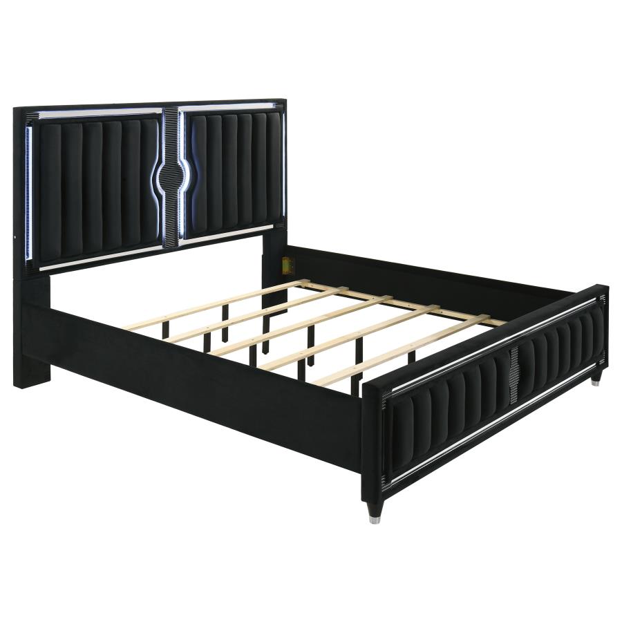 Home & Sleep Outlet - Ravenne Velvet Upholstered Eastern King LED Panel Bed Black