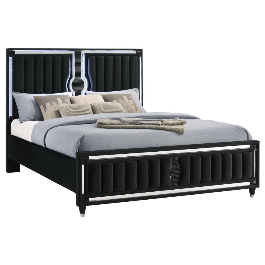 Home & Sleep Outlet - Ravenne Velvet Upholstered Eastern King LED Panel Bed Black
