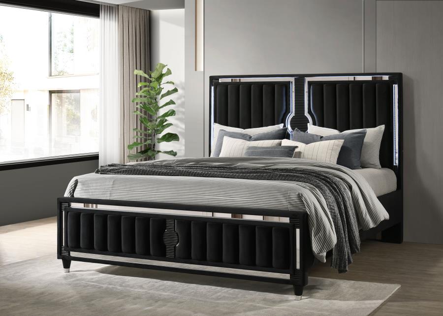 Home & Sleep Outlet - Ravenne Velvet Upholstered California King LED Panel Bed Black
