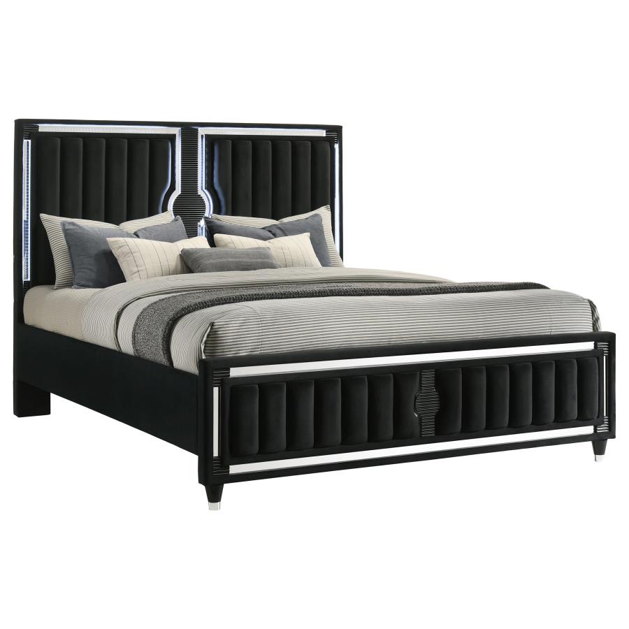 Home & Sleep Outlet - Ravenne Velvet Upholstered California King LED Panel Bed Black