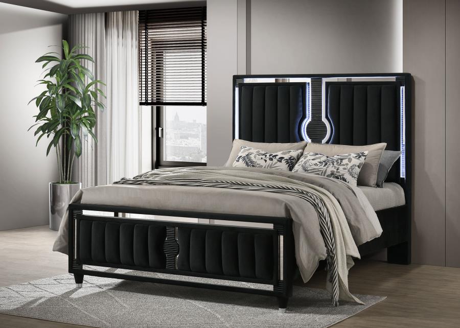 Home & Sleep Outlet - Ravenne Velvet Upholstered Queen LED Panel Bed Black