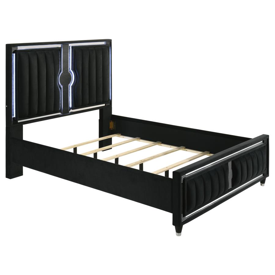 Home & Sleep Outlet - Ravenne Velvet Upholstered Queen LED Panel Bed Black