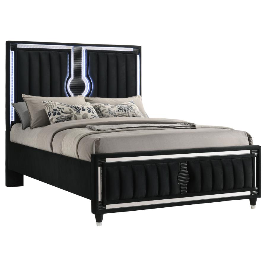 Home & Sleep Outlet - Ravenne Velvet Upholstered Queen LED Panel Bed Black