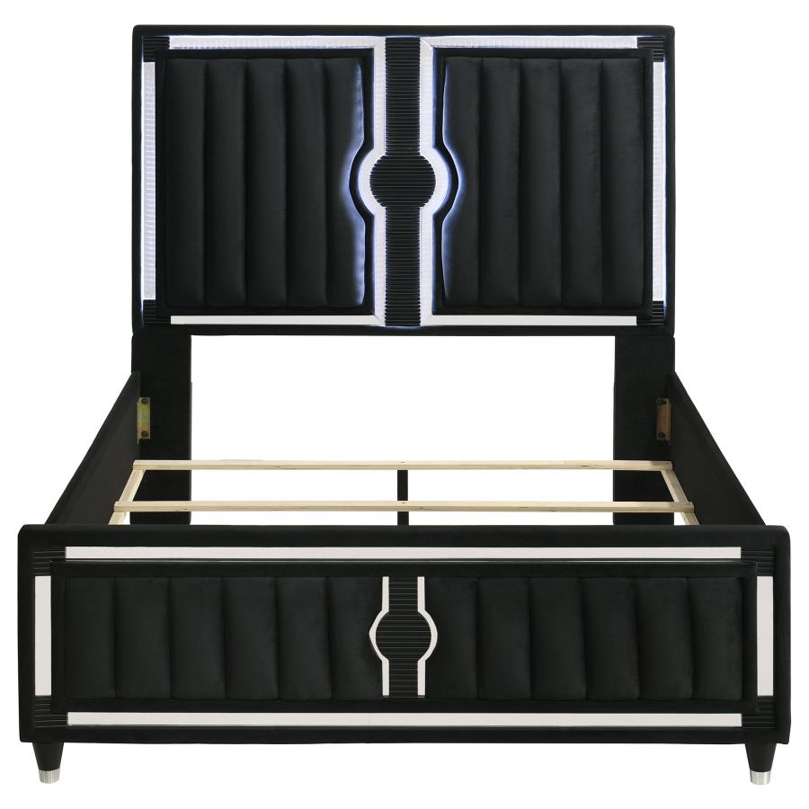 Home & Sleep Outlet - Ravenne Velvet Upholstered Queen LED Panel Bed Black