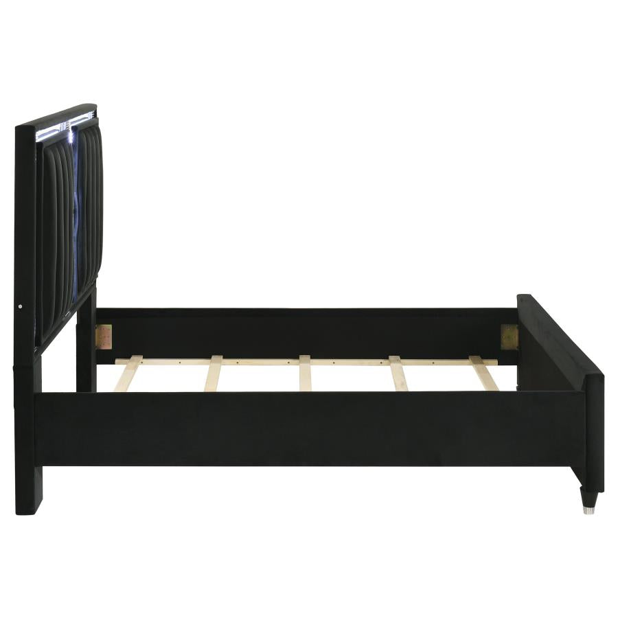 Home & Sleep Outlet - Ravenne Velvet Upholstered Queen LED Panel Bed Black