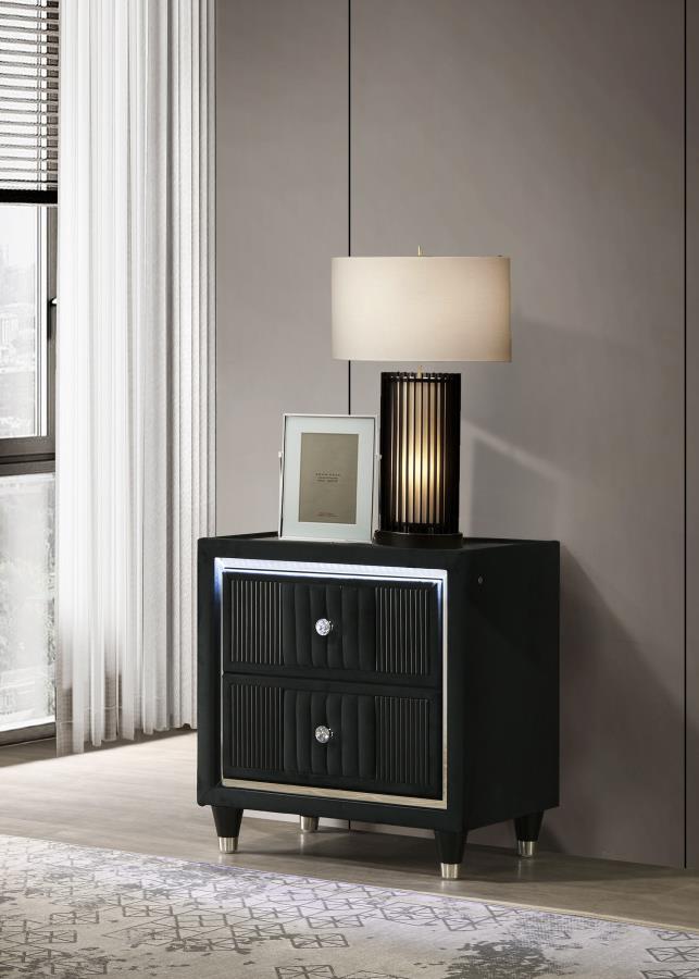 Home & Sleep Outlet - Ravenne 2-drawer Velvet Upholstered LED Nightstand with USB Black