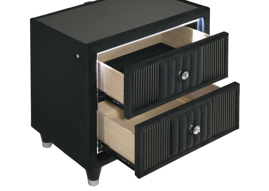 Home & Sleep Outlet - Ravenne 2-drawer Velvet Upholstered LED Nightstand with USB Black