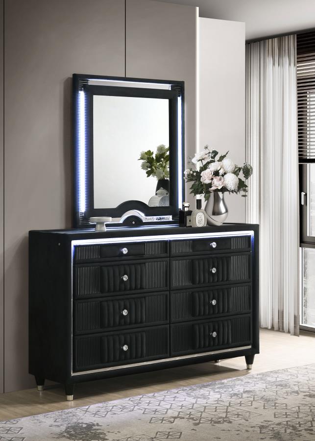 Home & Sleep Outlet - Ravenne 8-drawer Velvet Upholstered LED Dresser and Mirror Black