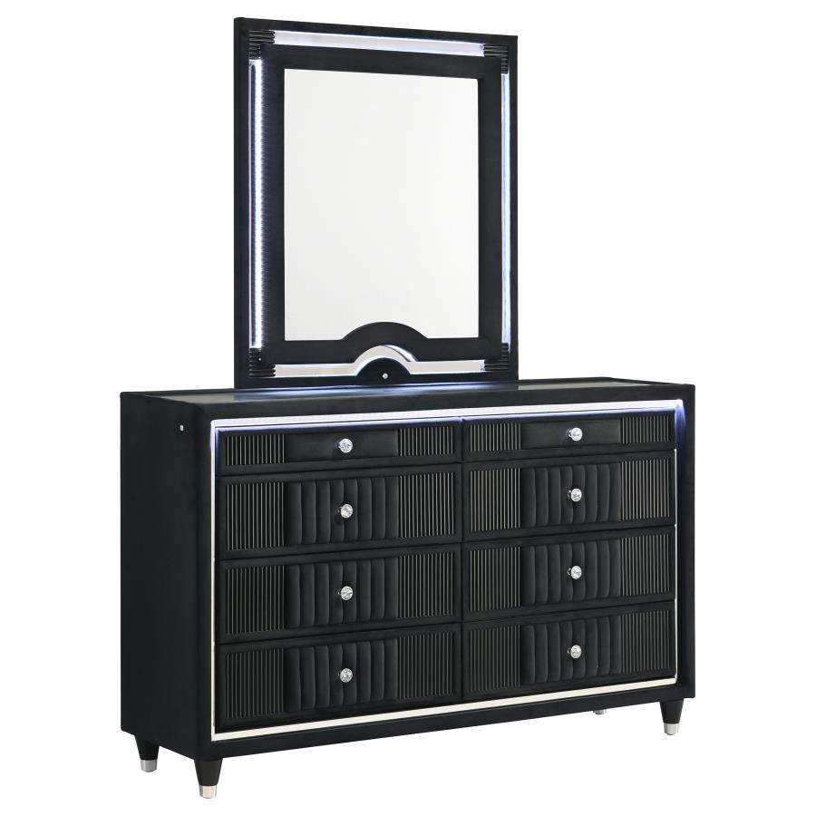 Home & Sleep Outlet - Ravenne 8-drawer Velvet Upholstered LED Dresser and Mirror Black