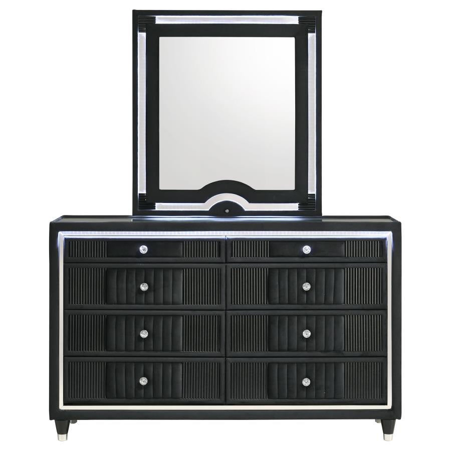 Home & Sleep Outlet - Ravenne 8-drawer Velvet Upholstered LED Dresser and Mirror Black