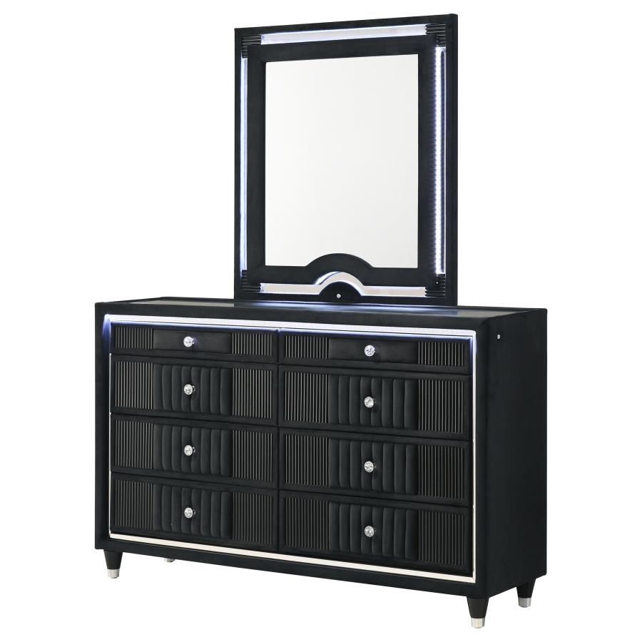 Home & Sleep Outlet - Ravenne 8-drawer Velvet Upholstered LED Dresser and Mirror Black