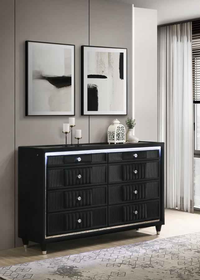 Ravenne 8-drawer Velvet Upholstered LED Dresser Cabinet Black