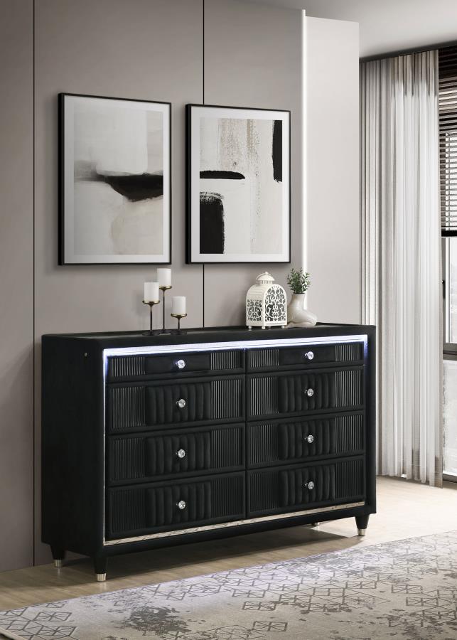Home & Sleep Outlet - Ravenne 8-drawer Velvet Upholstered LED Dresser Cabinet Black