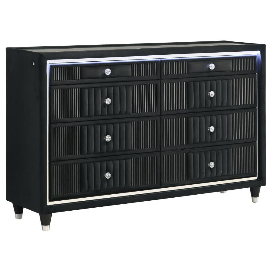 Home & Sleep Outlet - Ravenne 8-drawer Velvet Upholstered LED Dresser Cabinet Black