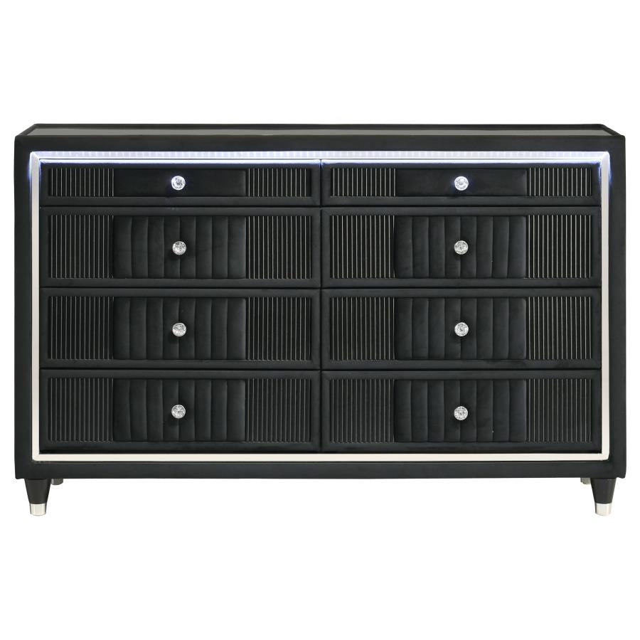 Home & Sleep Outlet - Ravenne 8-drawer Velvet Upholstered LED Dresser Cabinet Black