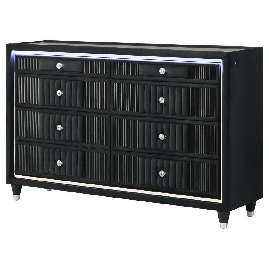 Home & Sleep Outlet - Ravenne 8-drawer Velvet Upholstered LED Dresser Cabinet Black