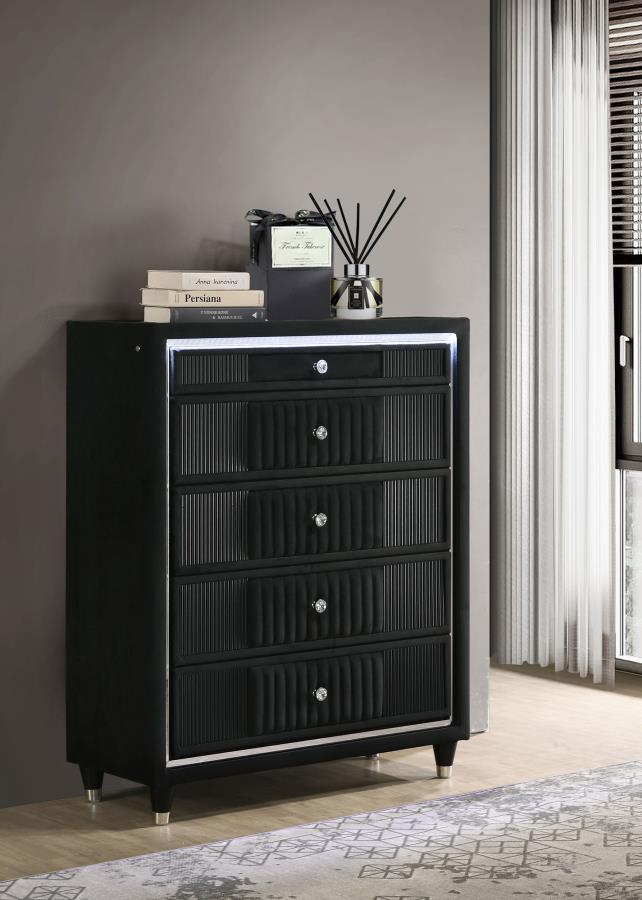 Home & Sleep Outlet - Ravenne 5-drawer Velvet Upholstered LED Chest of Drawers Black