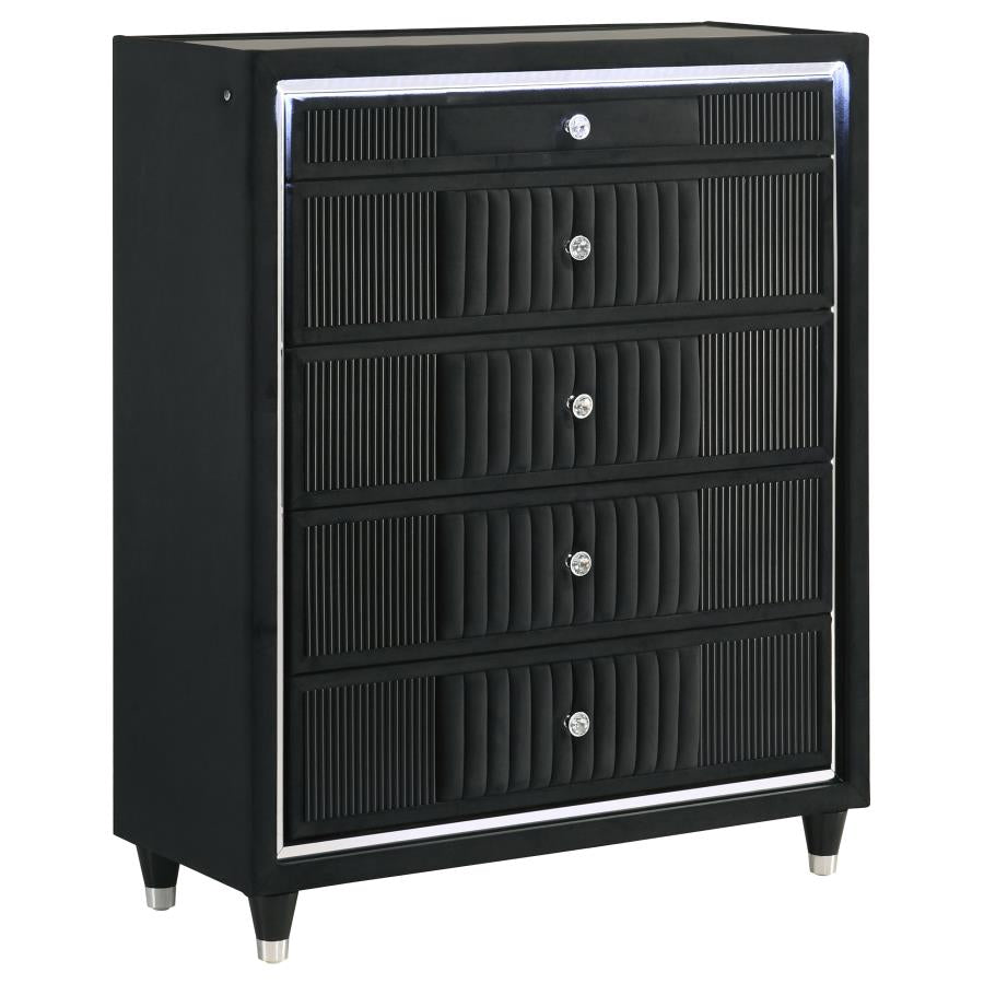Home & Sleep Outlet - Ravenne 5-drawer Velvet Upholstered LED Chest of Drawers Black
