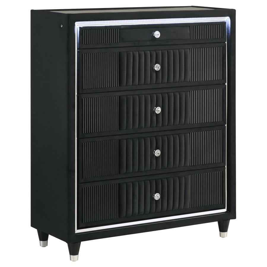 Ravenne 5-drawer Velvet Upholstered LED Chest of Drawers Black