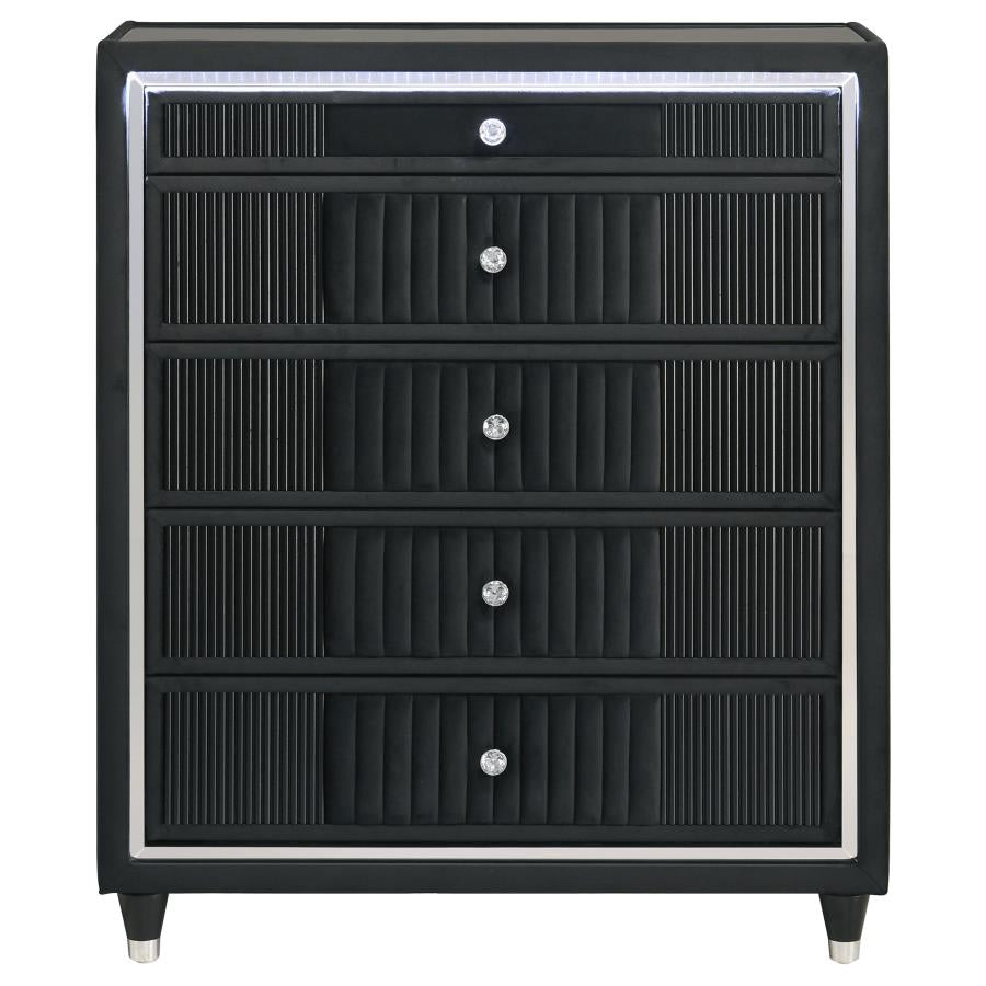 Home & Sleep Outlet - Ravenne 5-drawer Velvet Upholstered LED Chest of Drawers Black