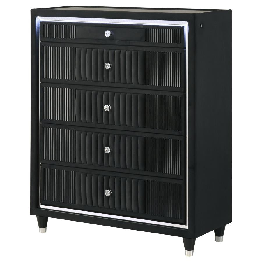 Home & Sleep Outlet - Ravenne 5-drawer Velvet Upholstered LED Chest of Drawers Black