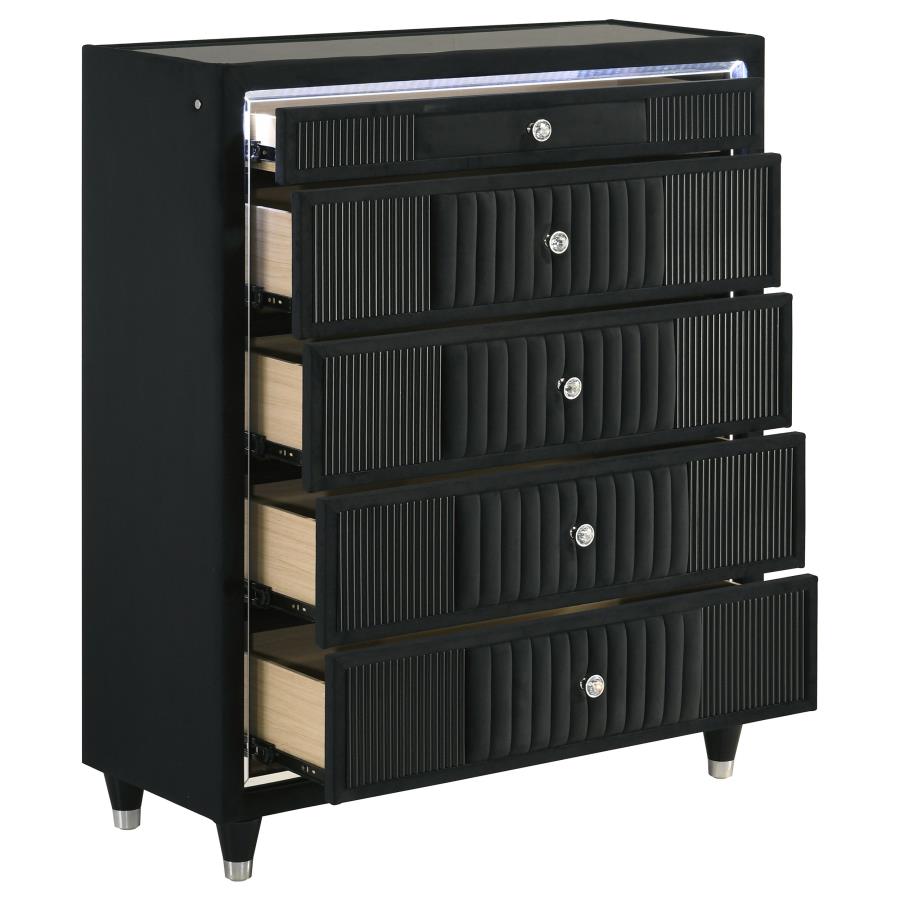 Home & Sleep Outlet - Ravenne 5-drawer Velvet Upholstered LED Chest of Drawers Black
