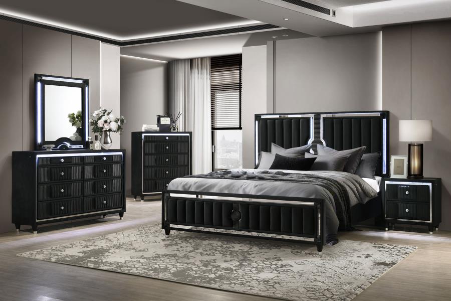 Home & Sleep Outlet - Ravenne 5-drawer Velvet Upholstered LED Chest of Drawers Black