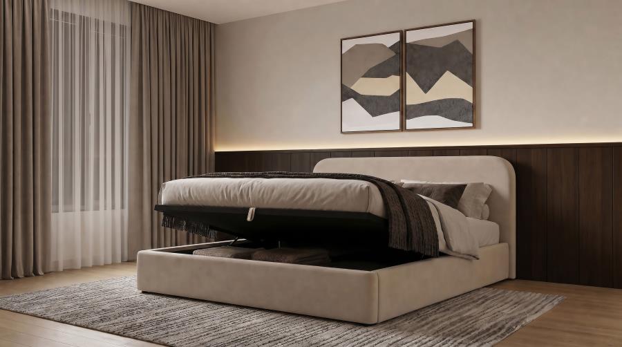 Anders Upholstered Eastern King Storage Lift Platform Bed Beige - Home & Sleep Outlet
