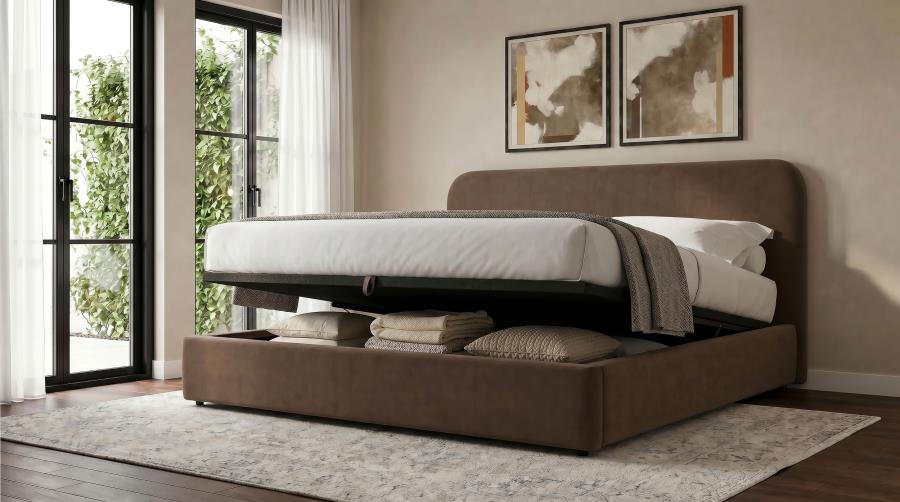 Anders Upholstered Eastern King Storage Lift Platform Bed Chocolate - Home & Sleep Outlet