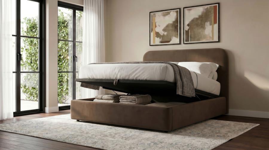 Anders Upholstered Queen Storage Lift Platform Bed Chocolate - Home & Sleep Outlet