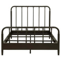 Dark bronze metal full bed frame with water pipe design, vertical rails, and open frame construction.