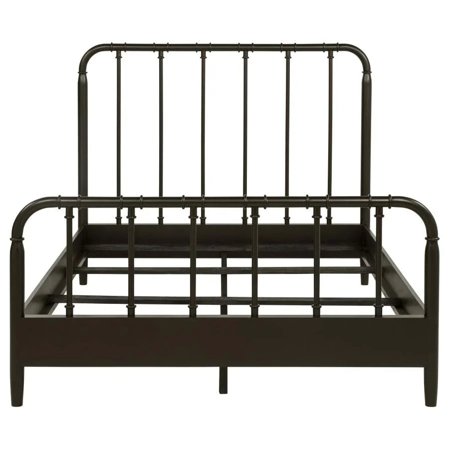 Dark bronze metal full bed frame with water pipe design, vertical rails, and open frame construction.