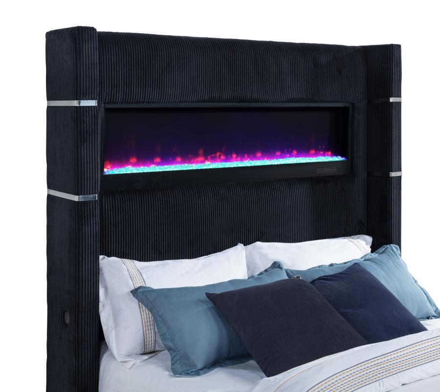 Home & Sleep Outlet - Tisdall Queen Flame Visualizer Wingback TV Bed Black
