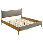 Light brown wood platform bed with gray upholstered headboard and footboard, featuring wooden slat support and tapered legs.