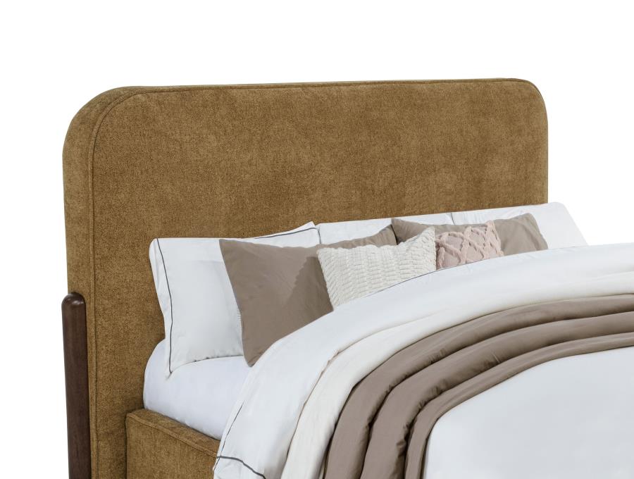Home & Sleep Outlet - Baldacci Upholstered Eastern King Platform Bed Curry and Walnut