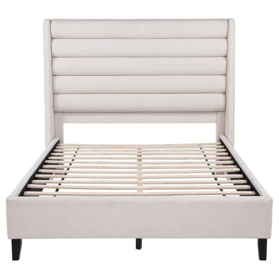 Leslie Upholstered Tufted Queen Wingback Platform Bed Beige